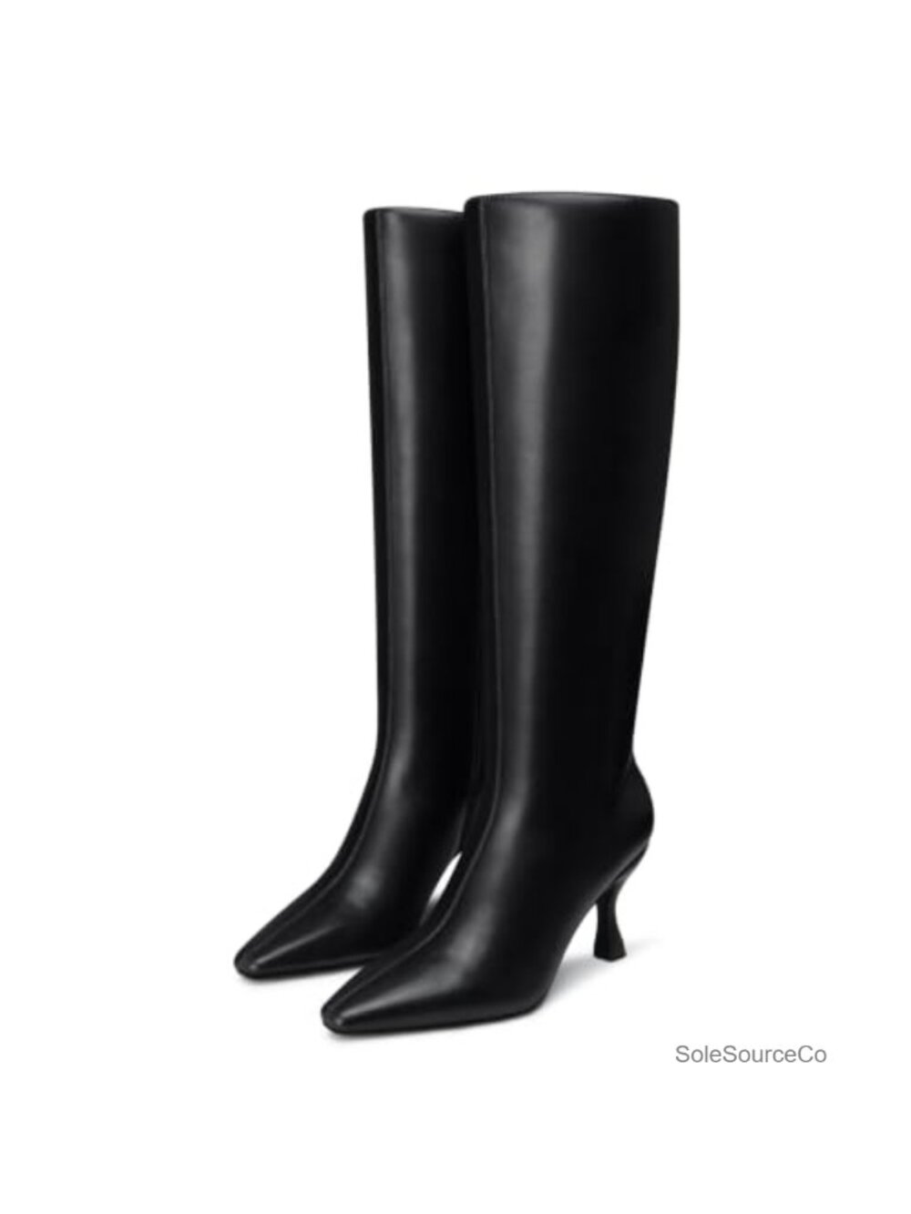 Wide Calf Knee High Boots Faux Leather Pointed Toe Kitten Heel Side Zip